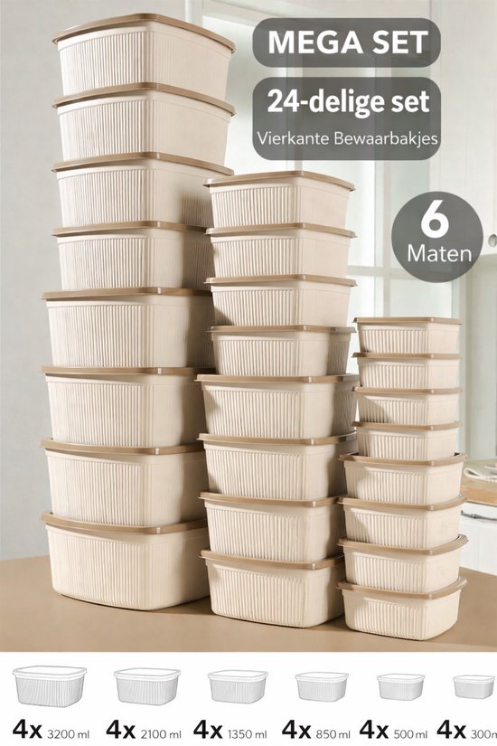 Ensemble de 24 boîtes de conservation – 6 Tailles – Sans BPA – Compatible Micro-ondes, Congélateur & Lave-vaisselle – Boîtes de conservation empilables avec couvercle – Beige