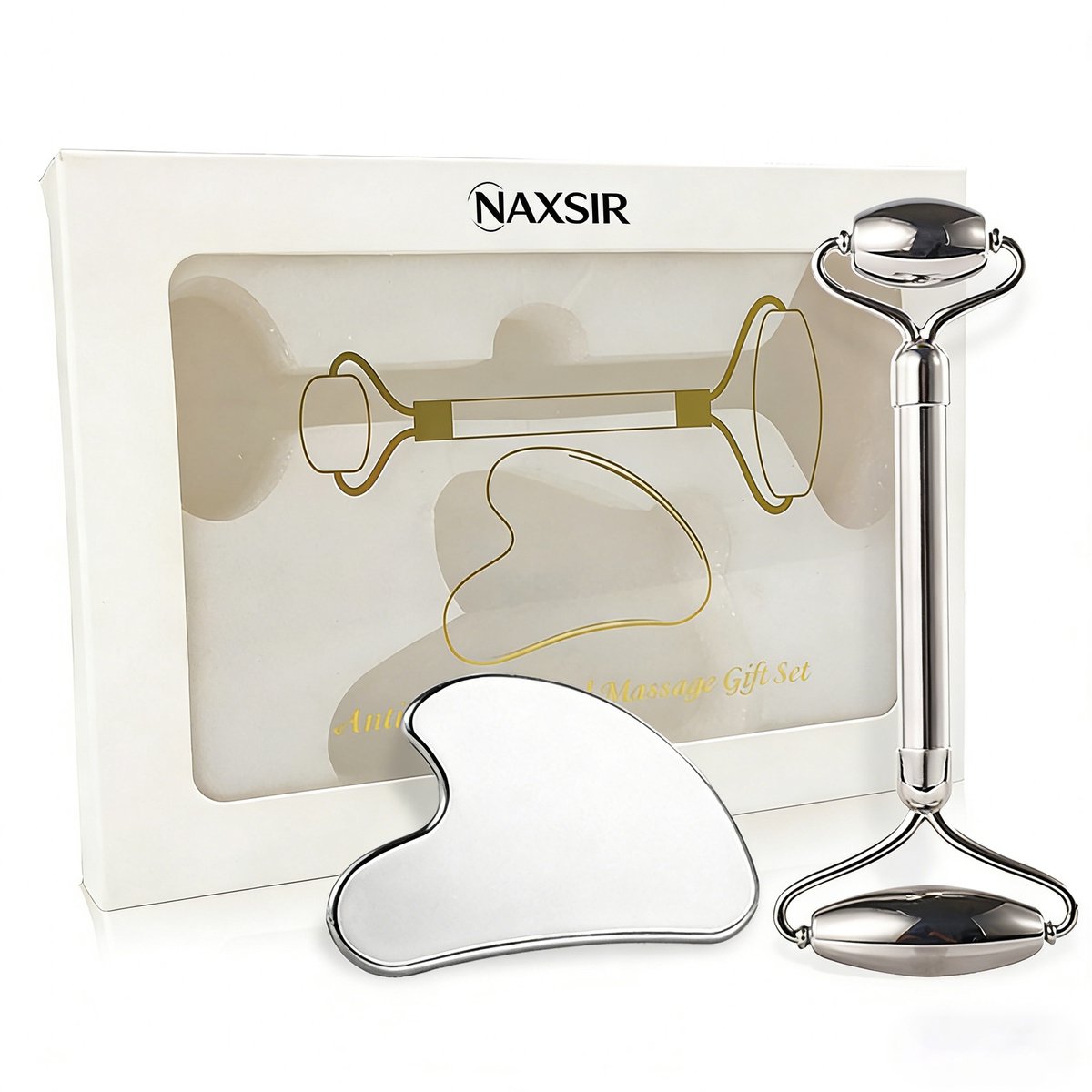 NAXSIR Roestvrijstalen Gua Sha Set - Dubbele Gezicht Roller voor Gezicht & Lichaam,Massage & Huidverzorging