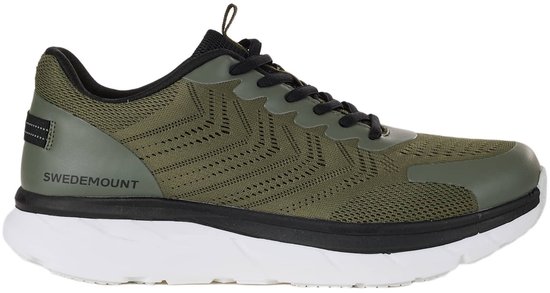 Olijfgroene sneaker met zwart en wit. 'SWEDEMOUNT' op de zijkant.