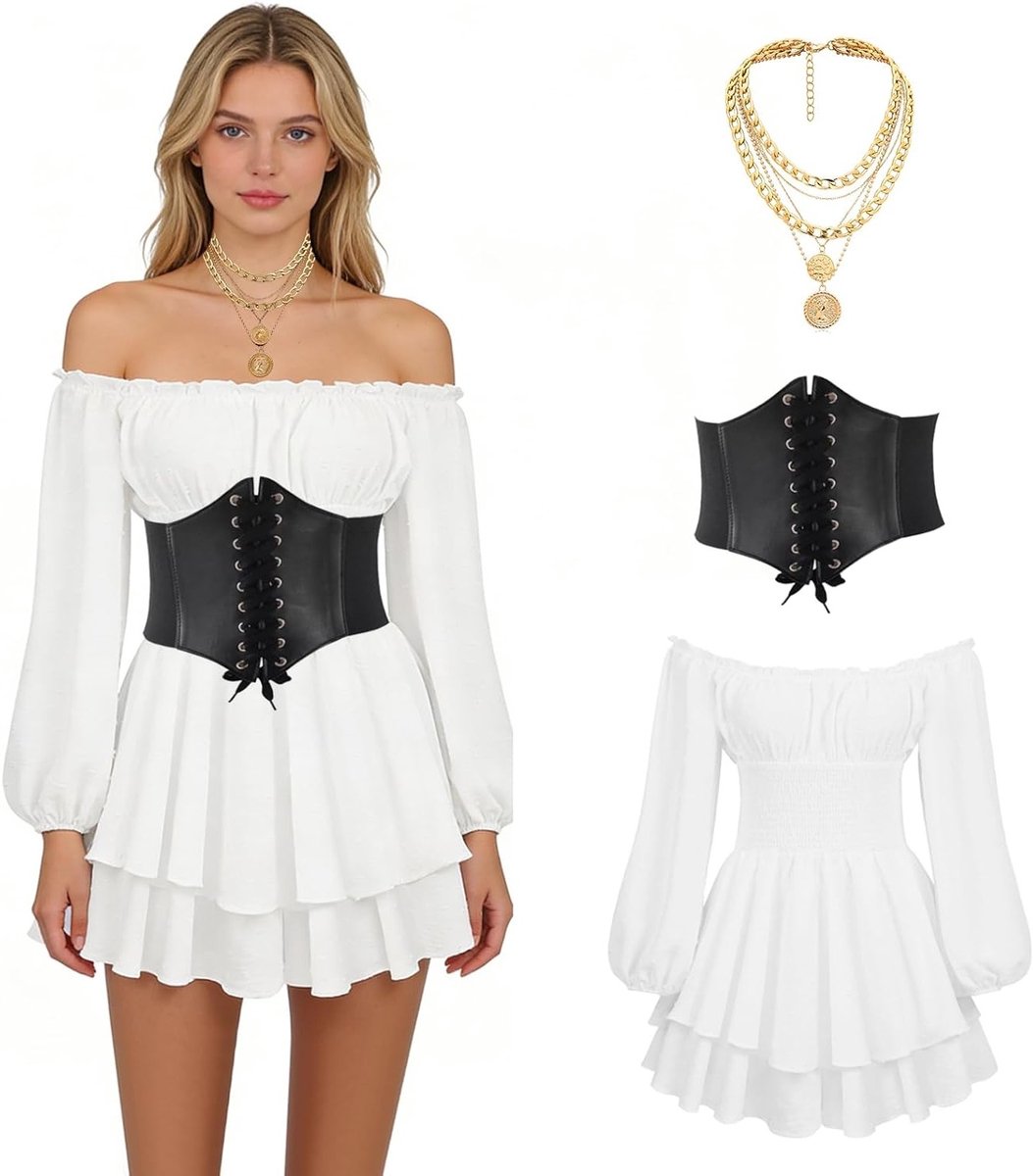 Piratenkostuum voor Dames - Off Shoulder Korte Jurk met Corset en Laagjes Ketting voor Carnaval en Feestjes