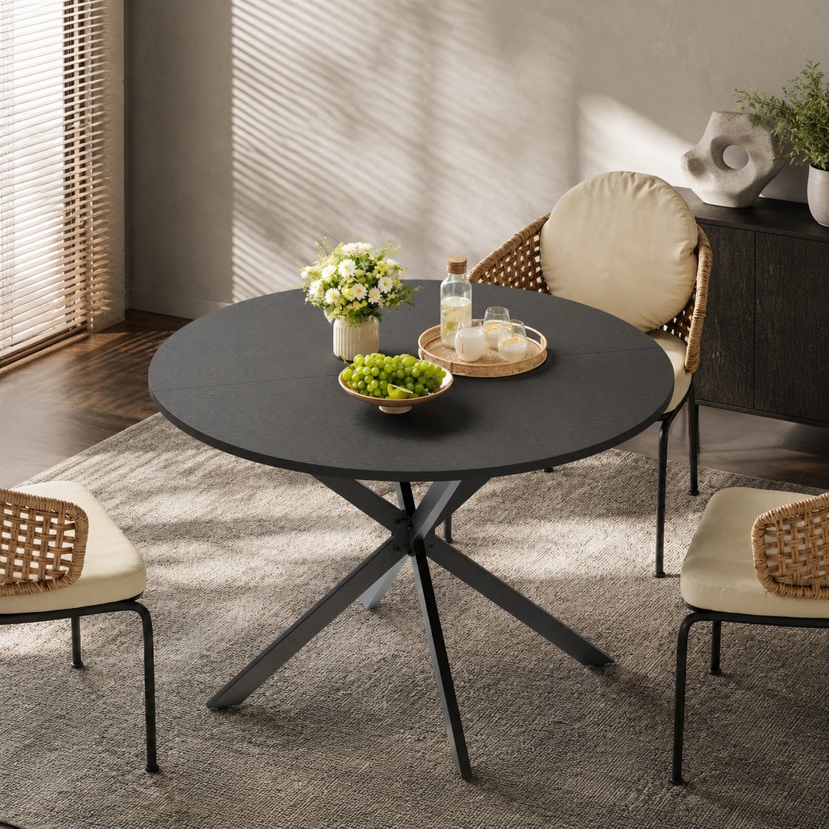 Ronde eettafel Industrieel - 120 x 120 x 78 cm - X-poot (Kruispoot) - Keukentafel voor Eetkamer & Thuiswerkplek - Zwart