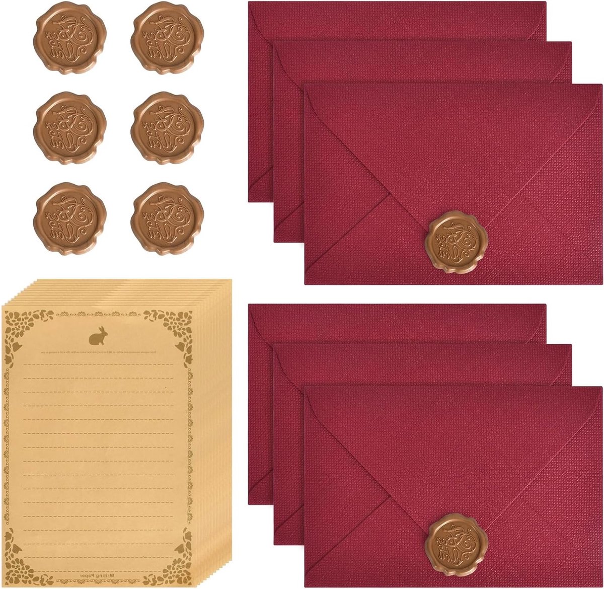 Vintage Enveloppen Set met 22 Stukken, A5 Papier, Linnen Enveloppen en Waszegels voor Verjaardagen, Bruiloften en Uitnodigingen