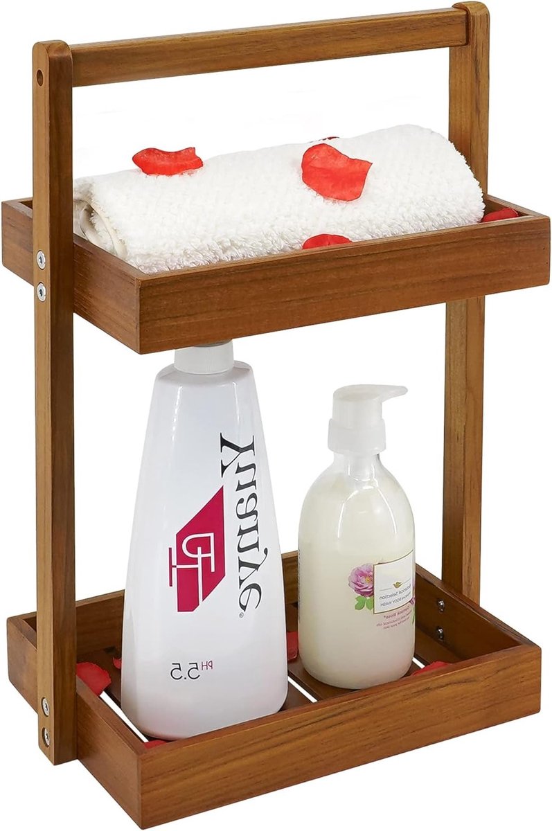 Teakhouten Douche Caddy voor Hoek, 2 Laags Badkamer Organizer, Staande Douche Rek voor Shampoo en Zeep, Ideaal voor Binnengebruik en Keuken