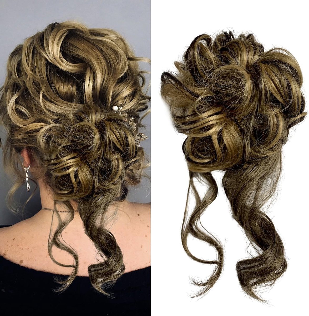 Messy Bun Haarstuk voor Dames, Elastische Haarbun met Clip-in Staart, Haaraccessoires voor een Zorgeloze Look (Chocoladebruin met Blonde Highlights)