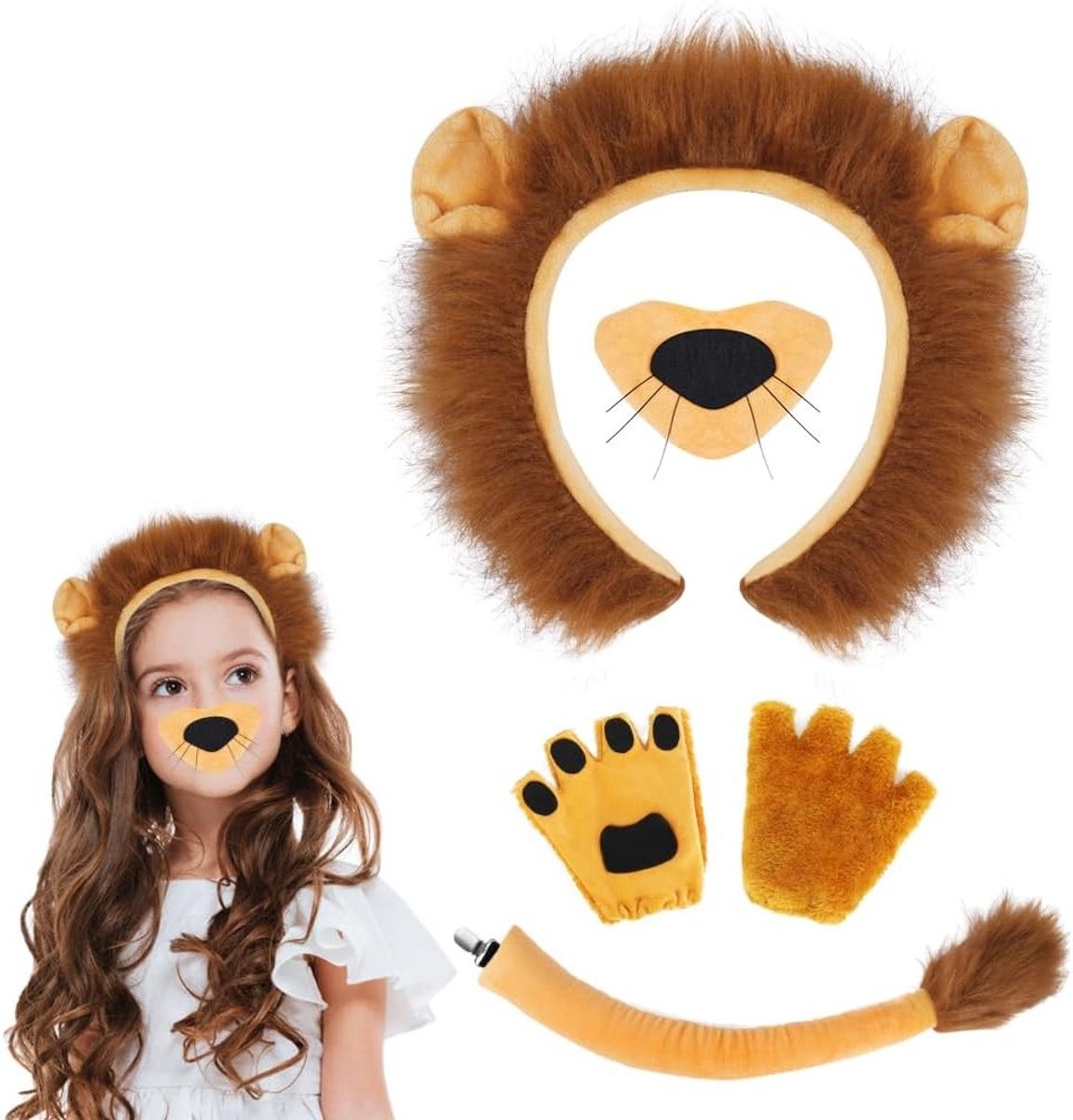 Leeuwenkostuum Accessoireset met Pluche Hoofdband, Staart, Neus en Handschoenen voor Halloween en Feestjes, Geschikt voor Kinderen en Volwassenen