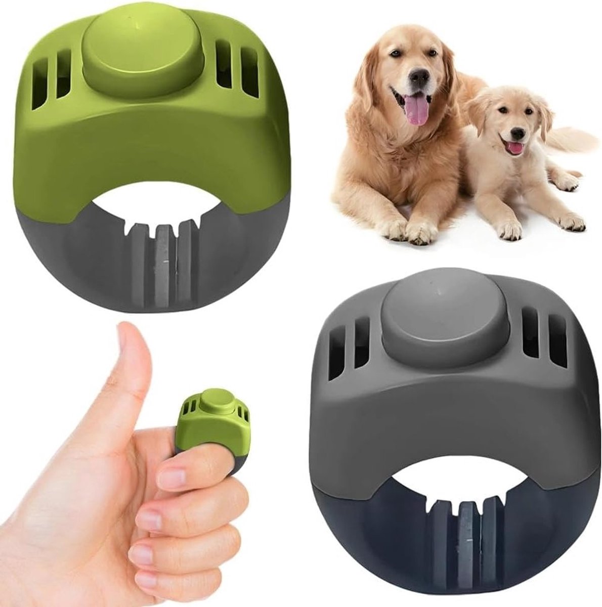 Praktische clicker voor honden in grasgroen en grijs, ideaal voor hondentraining, kattentraining en paardentraining met vingerringontwerp