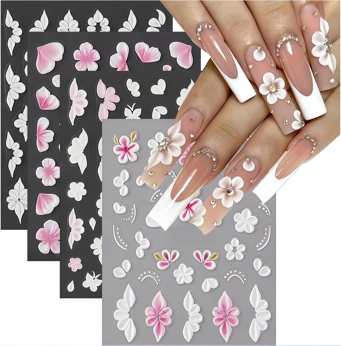 5D Raised Nail Art Stickers met Bloemen, 4 Stuks Zelfklevende Roze Witte Decoraties voor Nagels, Voor Nail Art en Manicure