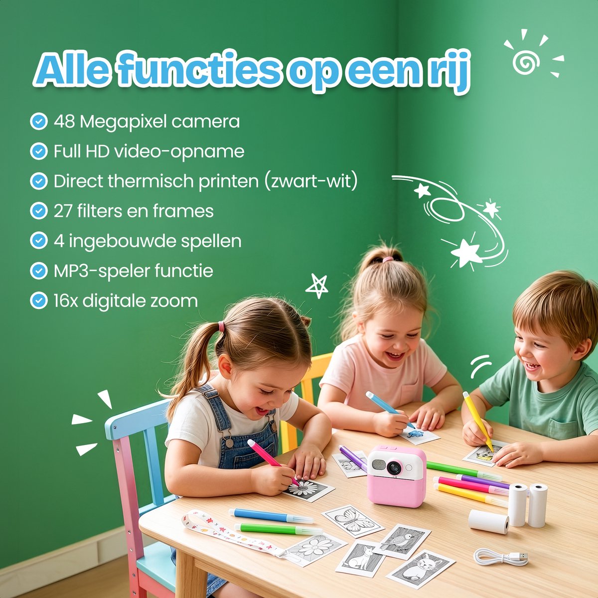TinyPlay Kindercamera met foto printer - 48MP - Digitale Camera Kinderen - 32GB SD kaart - Full HD Foto en Video - Spelletjes - Fotoprinter - Kinder camera - Digitale kindercamera - Roze – foto 4