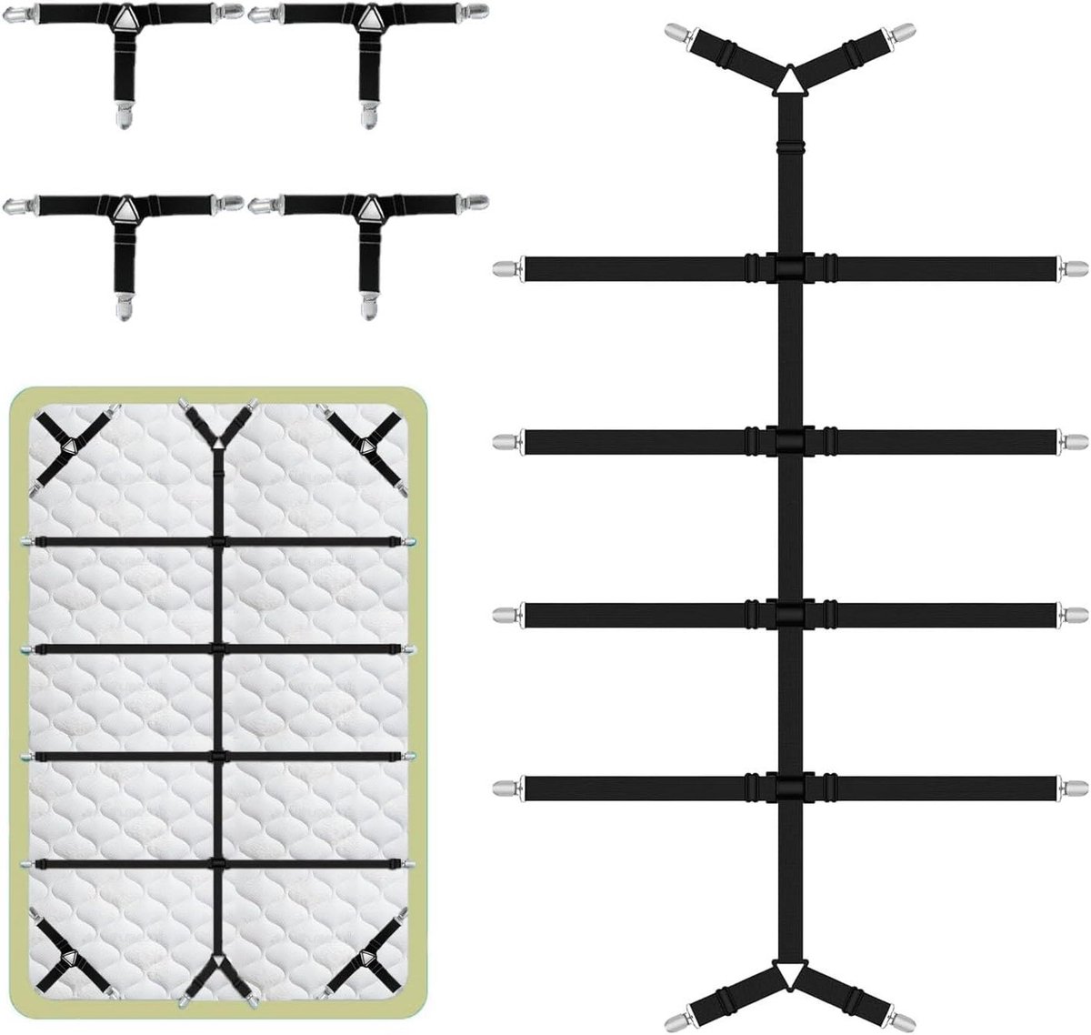 Vijf bedlakens klemmen met metalen clips, matrasklemmen en bedgrippers voor een strakke pasvorm van uw lakens.