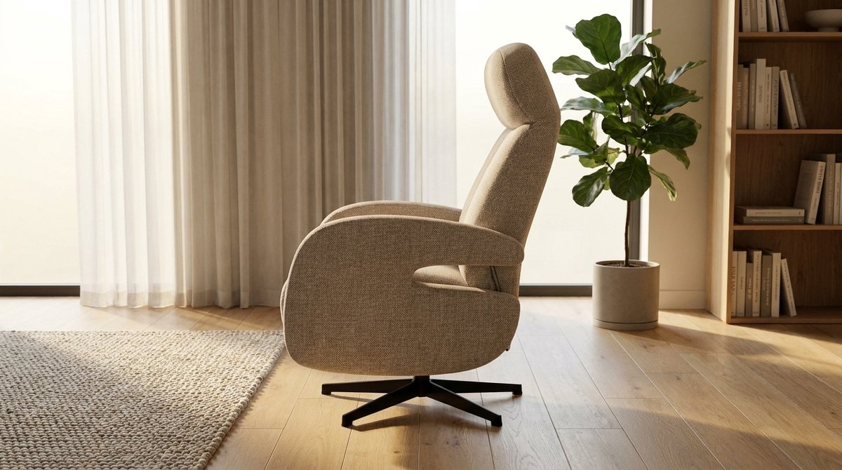 Relaxfauteuil Esbjerg Luxe Draaibare Relaxstoel met Voetsteun en Hoofdsteun 68x84x114 cm – Mushroom Royal Bouclé – 360° Verstelbare Fauteuil Zwart Metaal – House&Garden