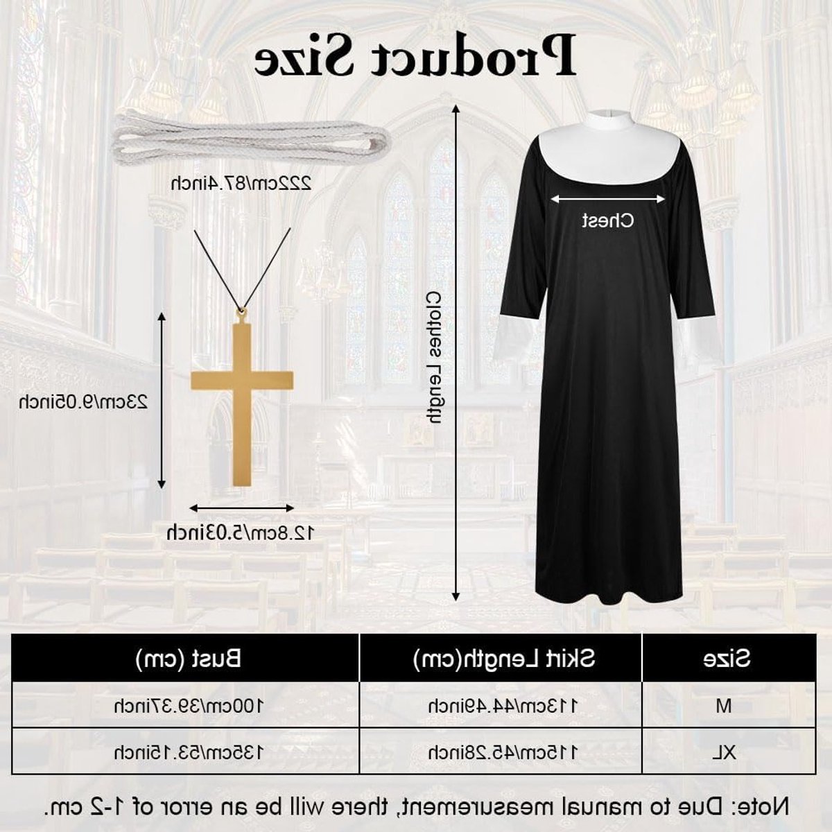 Kostuum voor Non met Gespleten Monnikskleed, Inclusief Hoed en Ketting, Perfect voor Halloween en Carnaval Cosplay