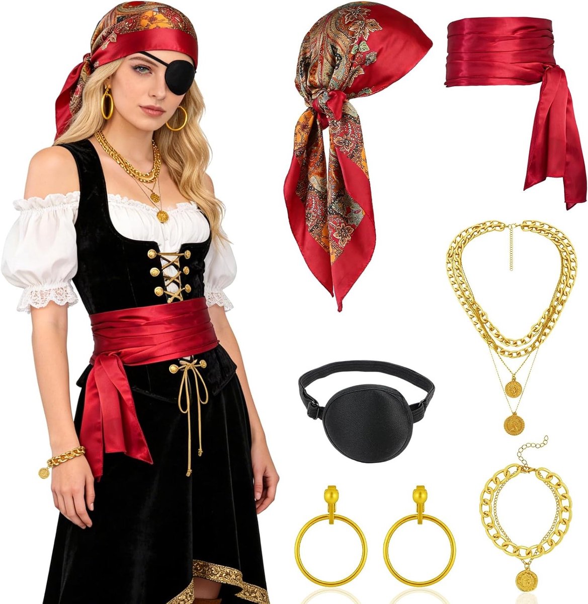 Vrouwelijk Piratenkostuum met Ooglapje, Haaraccessoires en Tailleketting voor Halloween en Carnaval