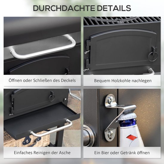 Houtskoolbarbecue Grillwagen 3-in-1 met Rookoven & Warmhoudrooster - House&Garden Premium Tuingrill met Deksel, Zijplanken, Aslade, Wielen & Verstelbare Houtskoolbak - Grote BBQ 124x66x112 cm - Zwart Metaal/Gietijzer — afbeelding 2