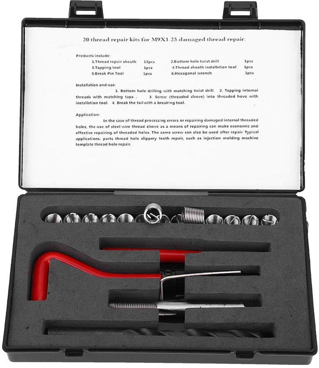 VLEMICO- Draadherstellingsset M9x1,25mm - Roestvrij Staal - 20 Stuks - Inclusief Spiraalboor/Inbussleutel - Schroefdraadinzetstukken - Voor Auto Reparatie - Schroefdraadinzet
