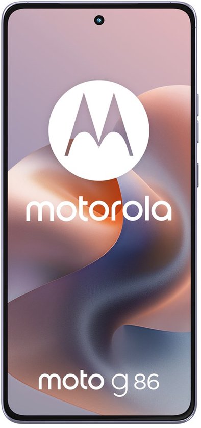 Vooraanzicht Motorola moto g 86 5G in Cosmic Sky (lila) met motorola logo.