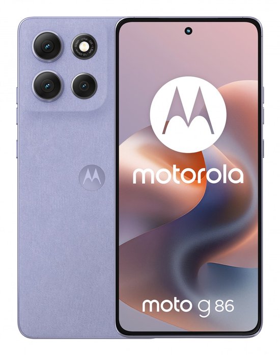Motorola moto g 86 5G in Cosmic Sky (lila), met achterkant en voorkant zichtbaar.