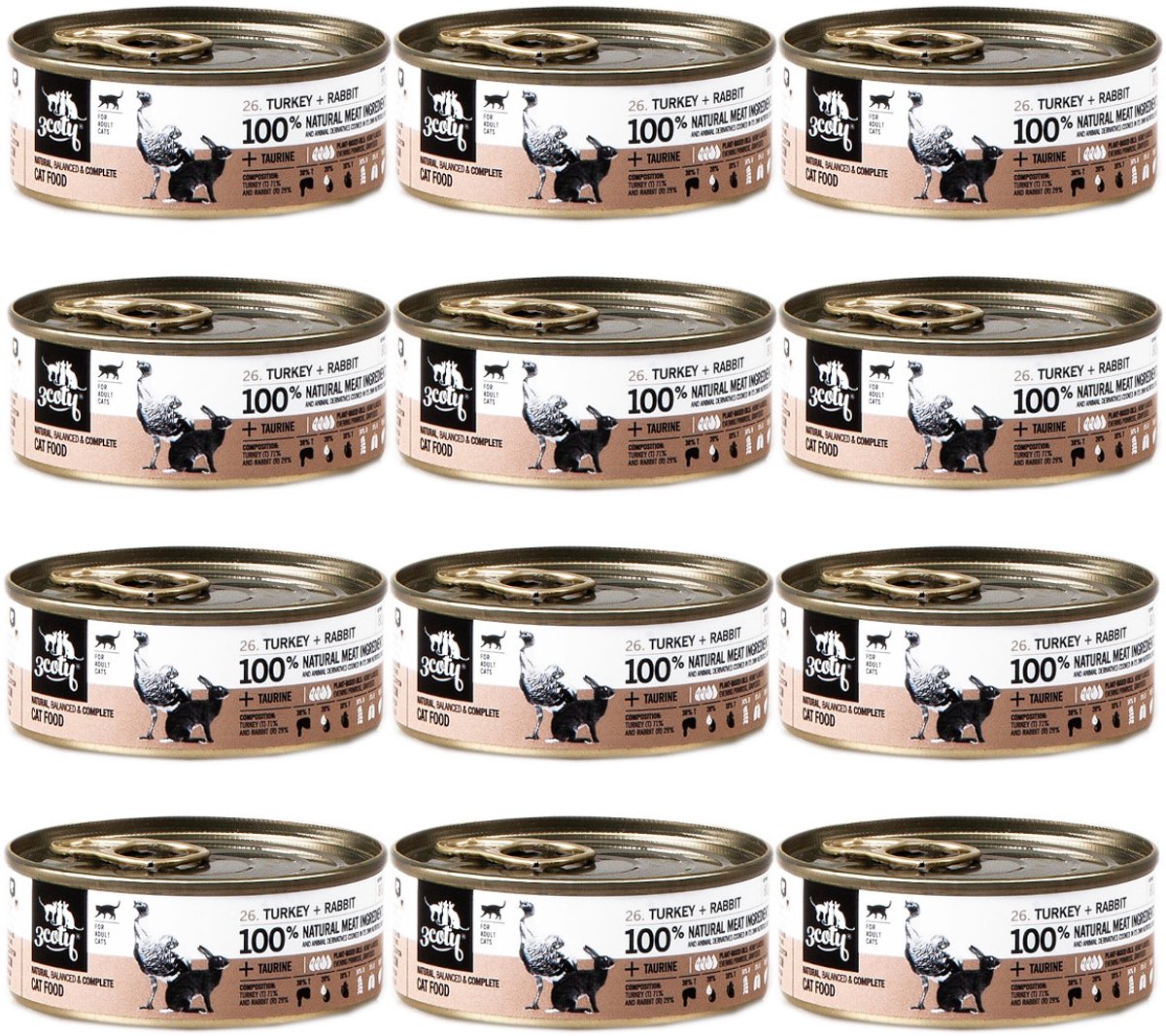 3COTY 3Coty Serie - Kattenvoer - Indyk met Konijn - Makkelijk Opslag - 12x80g