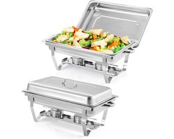 Chafing Dish Set van 2 - 9 Liter (8 Qt) - RVS Buffetwarmer - Inclusief Deksel & Brandstofhouder - Opvouwbaar - Voor Catering, Feesten & Bruiloften - Zilver