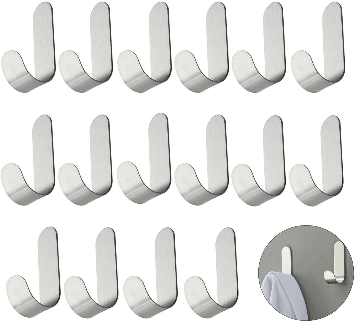 BRENZOOS- Haakset 16 Stuks - Roestvrij Stalen Haken - Zelfklevende Haken - L-vormige Haken - Sterke Handdoekhouder - Maximaal Draagvermogen 10 kg - Wandhaak