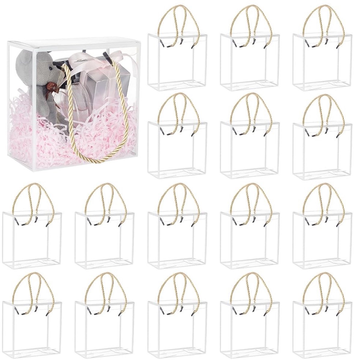 BRENZOOS- Geschenkdozen Set van 20 - Transparante Dozen 14 x 14 x 7,5 cm - Duurzaam PET-plastic - Witte Rand - Voor Bruiloften/Verjaardagen - Inclusief 40 Koorden - Cadeauverpakking