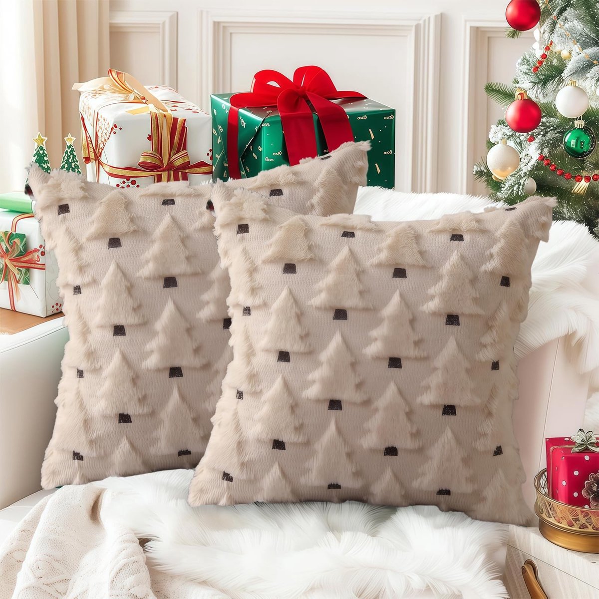 Dailygoods- Kerstkussens set van 2 - 45 x 45 cm - zachte pluche - imitatiebontwol - winterfeestdecoratie - beige kerstboom patroon - Decoratiekussens