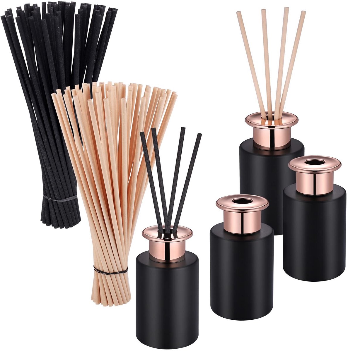 Dailygoods- Diffusorfles 100 ml - Glazen Fles - Set van 4 - Zwarte Rieten Diffuser - Reservestaafjes - Elegant Ontwerp - Geur Diffuser