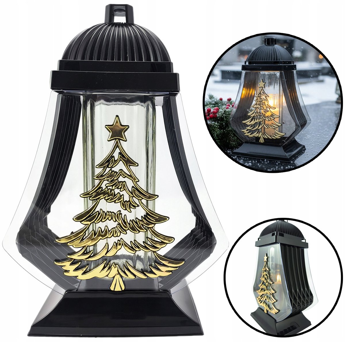 Grote Kerst Znicz Lantaarn Zwart Glans met Gouden Kerstboom 34cm