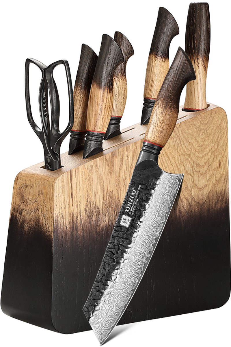 XinZuo Messenset 8-delig – X06 Mo Series – Damascus Staal – Gebrand Eiken Handvat en Blok – Complete Keukenmessenset met keukenschaar en slijpstaaf