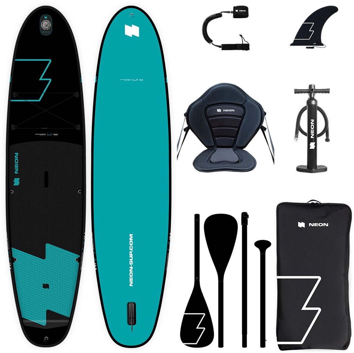 NEON opblaasbaar SUP board kajakcombo blauw zwart 10.7 x 33 x 6 inch met zitje en 2-in-1 peddel compleet pakket