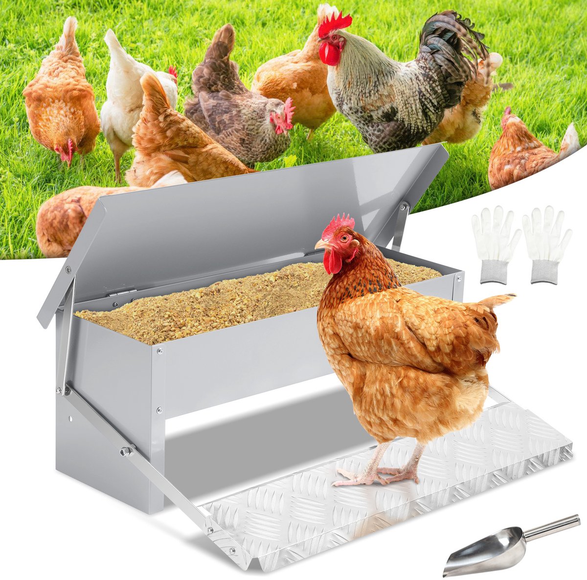 Automatische Kippenvoerbak 5 kg met Pedaal - Gegalvaniseerd Staal - Rattenbestendig en Waterdicht - Voederautomaat voor Kippen en Pluimvee met Handschoenen en RVS Schep