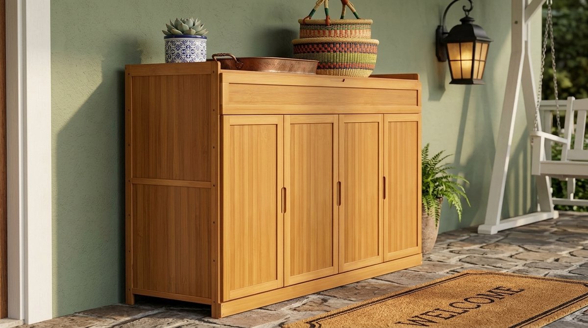 Schoenenkast Hoog Bamboe 117x35x115 cm – House&Garden Smal Schoenenrek met 4 Deuren & 8 Verstelbare Niveaus – Grote Opbergkast voor 15-20 Paar Schoenen – Natuurlijke Houten Schoenenorganizer