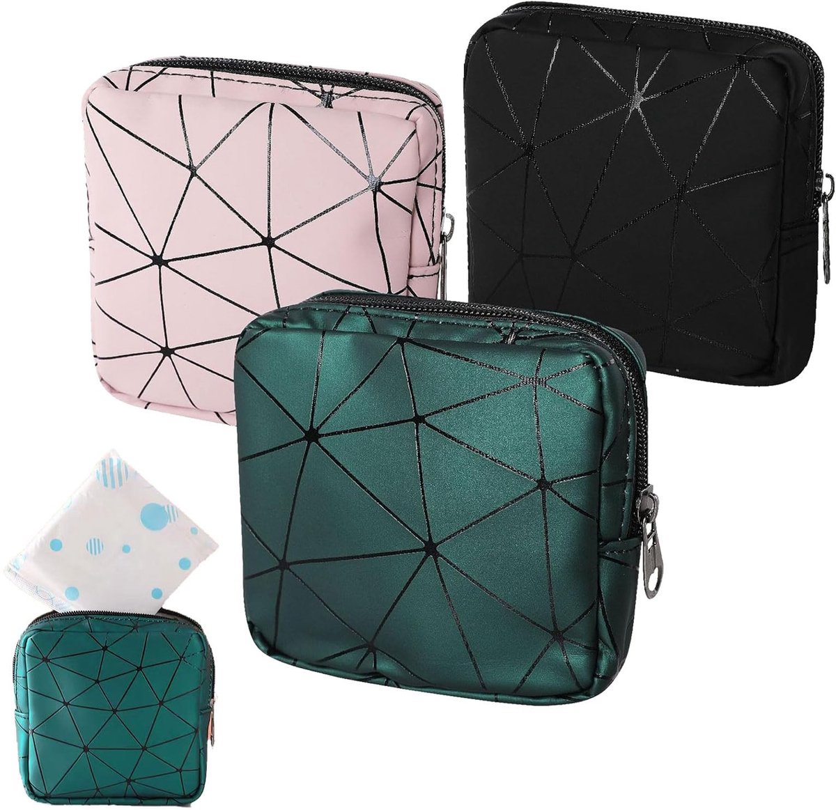 Dailygoods- Tamponopbergzak - Set van 3 - Mini Tas - Met Rits - PU Materiaal - 13 x 13 x 4 cm - Beschermt Privacy - Menstruatiezak