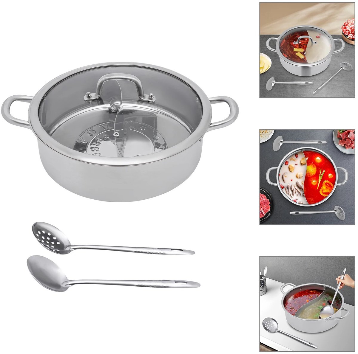 Dailygoods 32cm 304 RVS Hotpot met Scheidingswand, Zilveren Pan met Glazen Deksel, Eenvoudige Montage voor Keukens, Rest