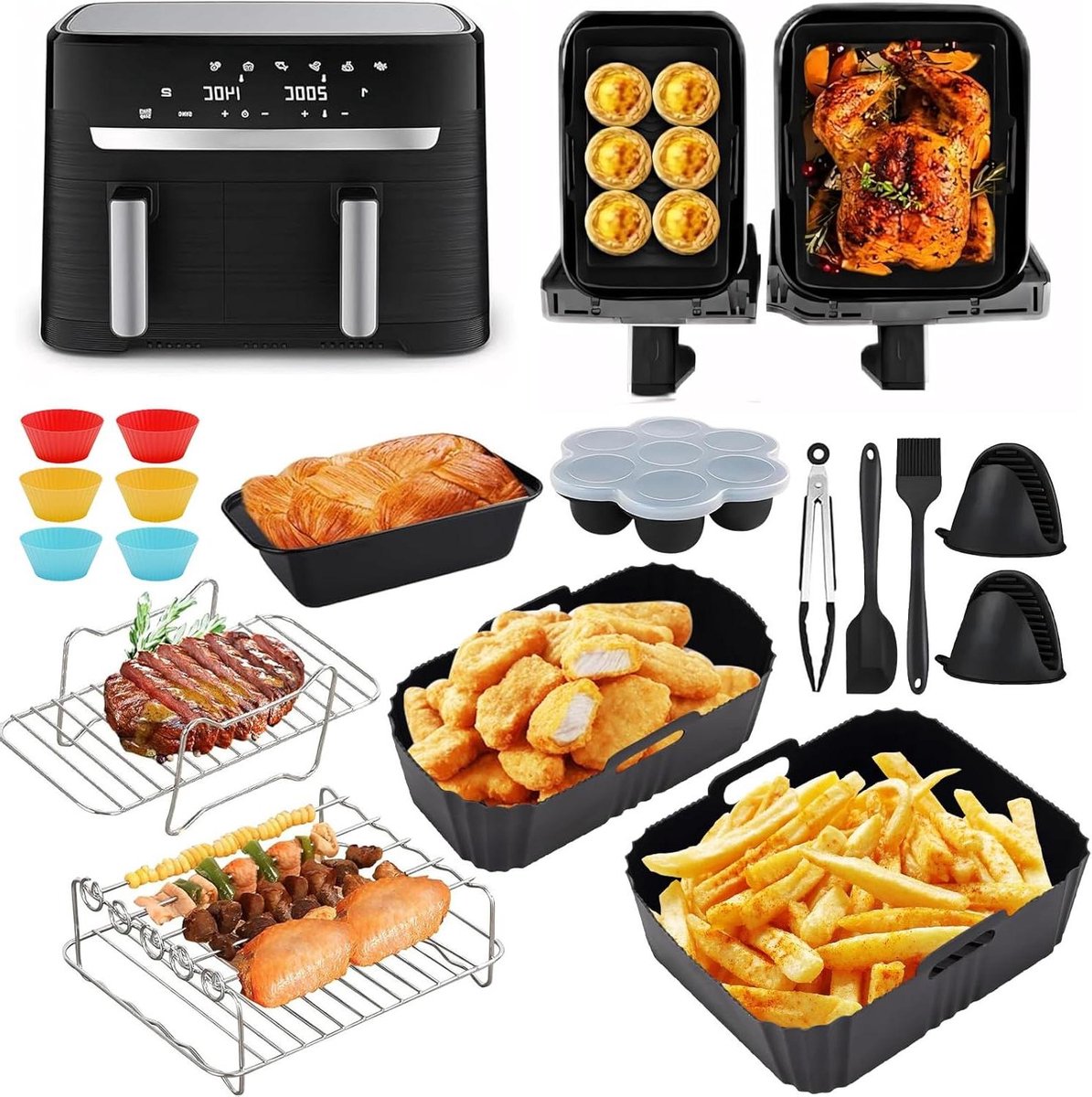 Accessoires voor Tefal EY9018 Dual Easy Fry & Grill 52 31 l siliconen vorm voor airfryer broodbakvorm muffinvormpjes grillrooster barbecuetang