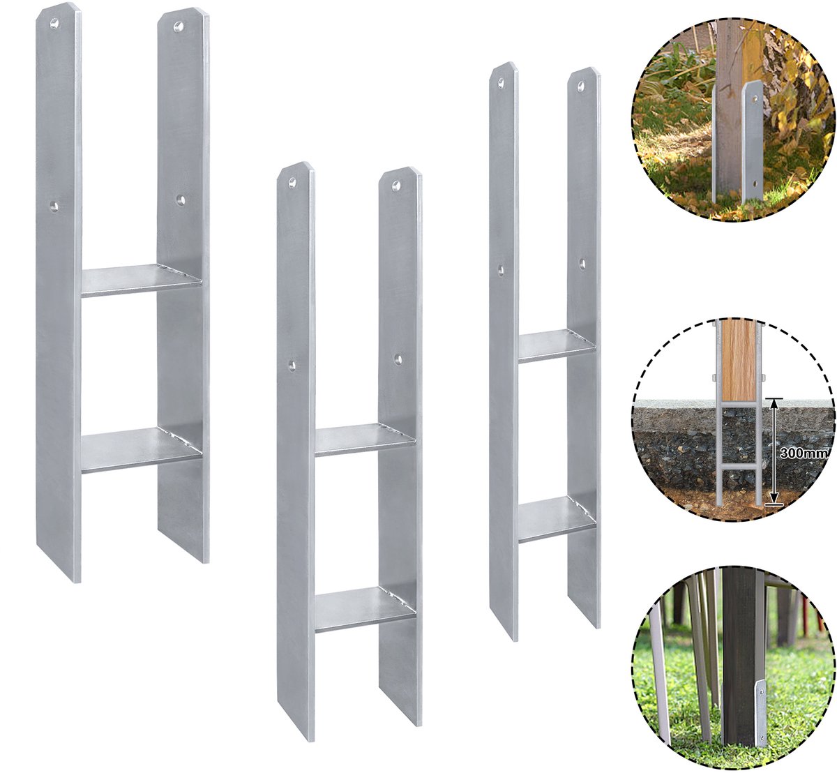 4 stuks H-paaldragers, H-anker, 81 mm, materiaaldikte 5 mm, totale hoogte 600 mm, hekpalen voor carports, tuinhekken (4 stuks 81 mm)