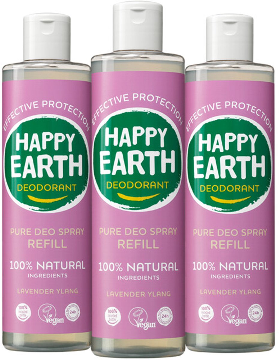 Happy Earth 100% Natuurlijke Deo Spray Navulling Lavender Ylang - 3 x 300 ml - Voordeelverpakking