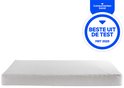 Witte babymatras met een blauw 'Beste uit de test' label.