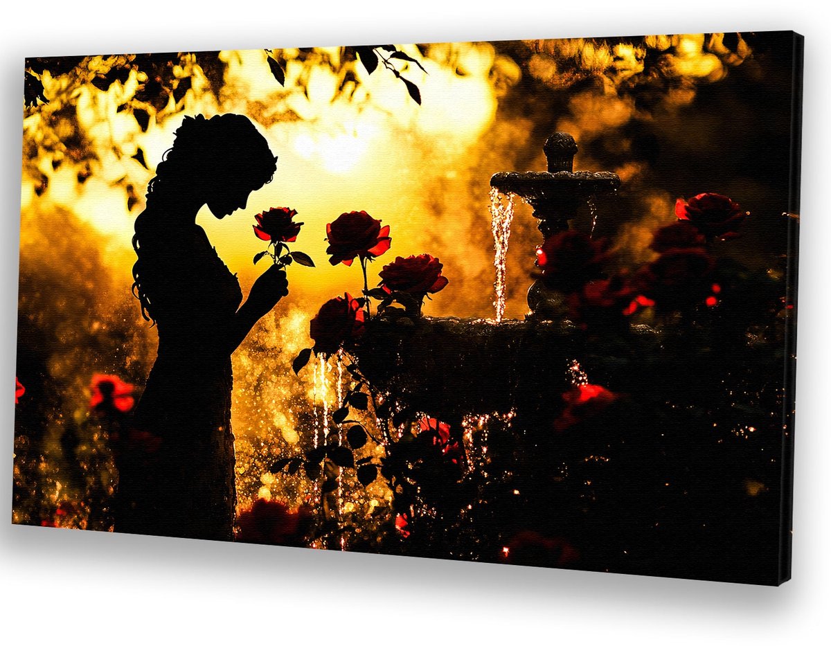 Vrouw in rozentuin bij zonsondergang - Silhouet canvaskunst - Muurdecoratie canvas rozen -