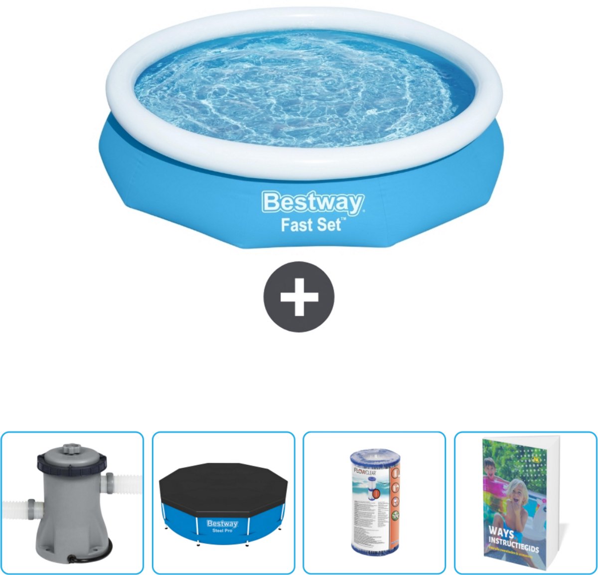 Bestway Rond Opblaasbaar Fast Set Zwembad - 305 x 66 cm - Blauw - Inclusief Pomp Afdekzeil - Filter - Zwembadgids