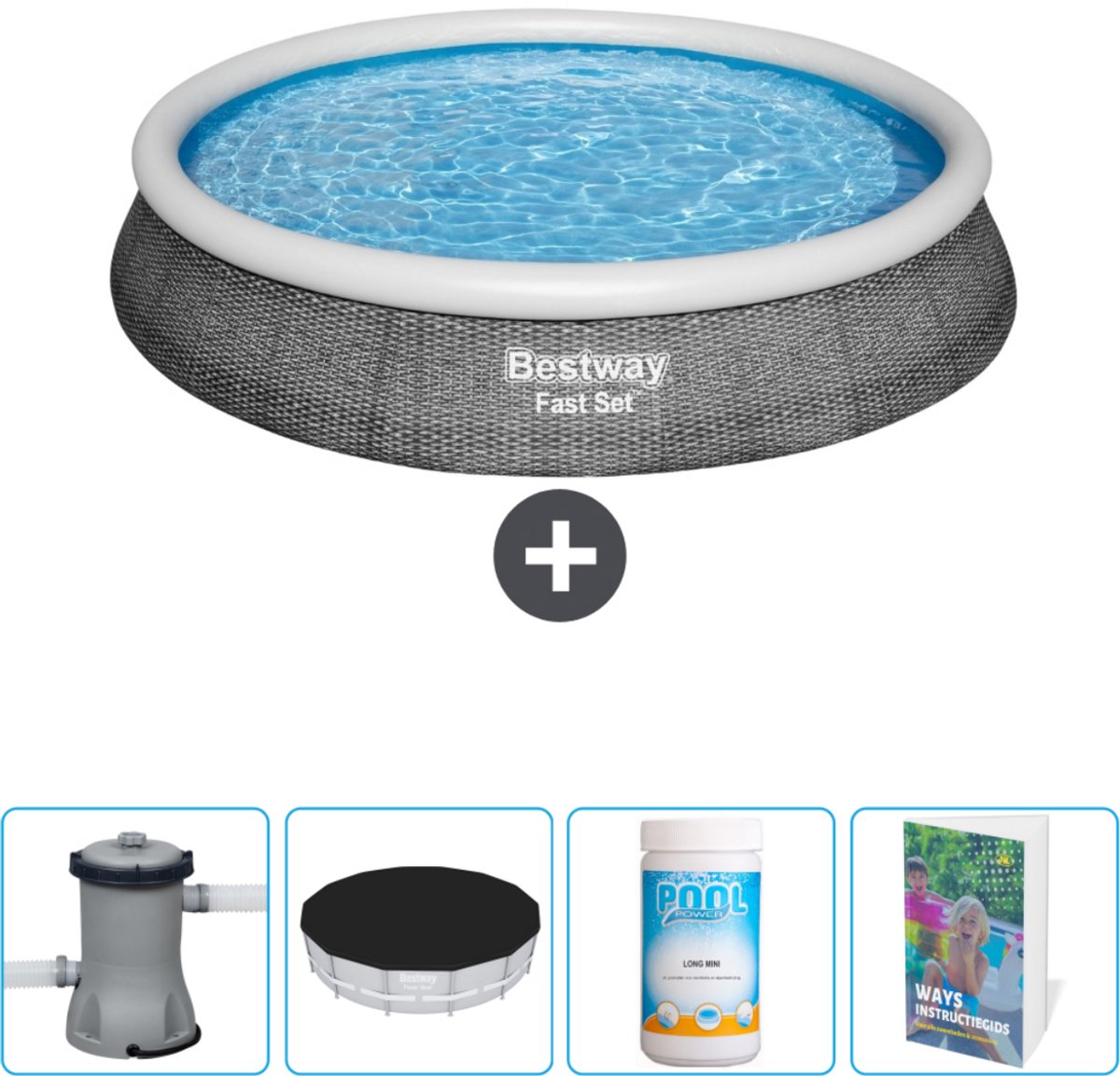 Bestway Rond Opblaasbaar Fast Set Zwembad - Rotanprint - 396 x 84 cm - Inclusief Pomp Afdekzeil - Chloor - Zwembadgids