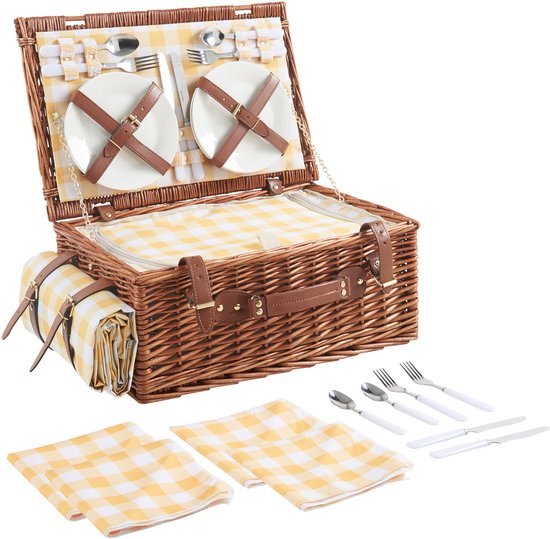 Panier pique-nique Brindisi, ensemble pique-nique 4 personnes, jaune et blanc, casa.pro