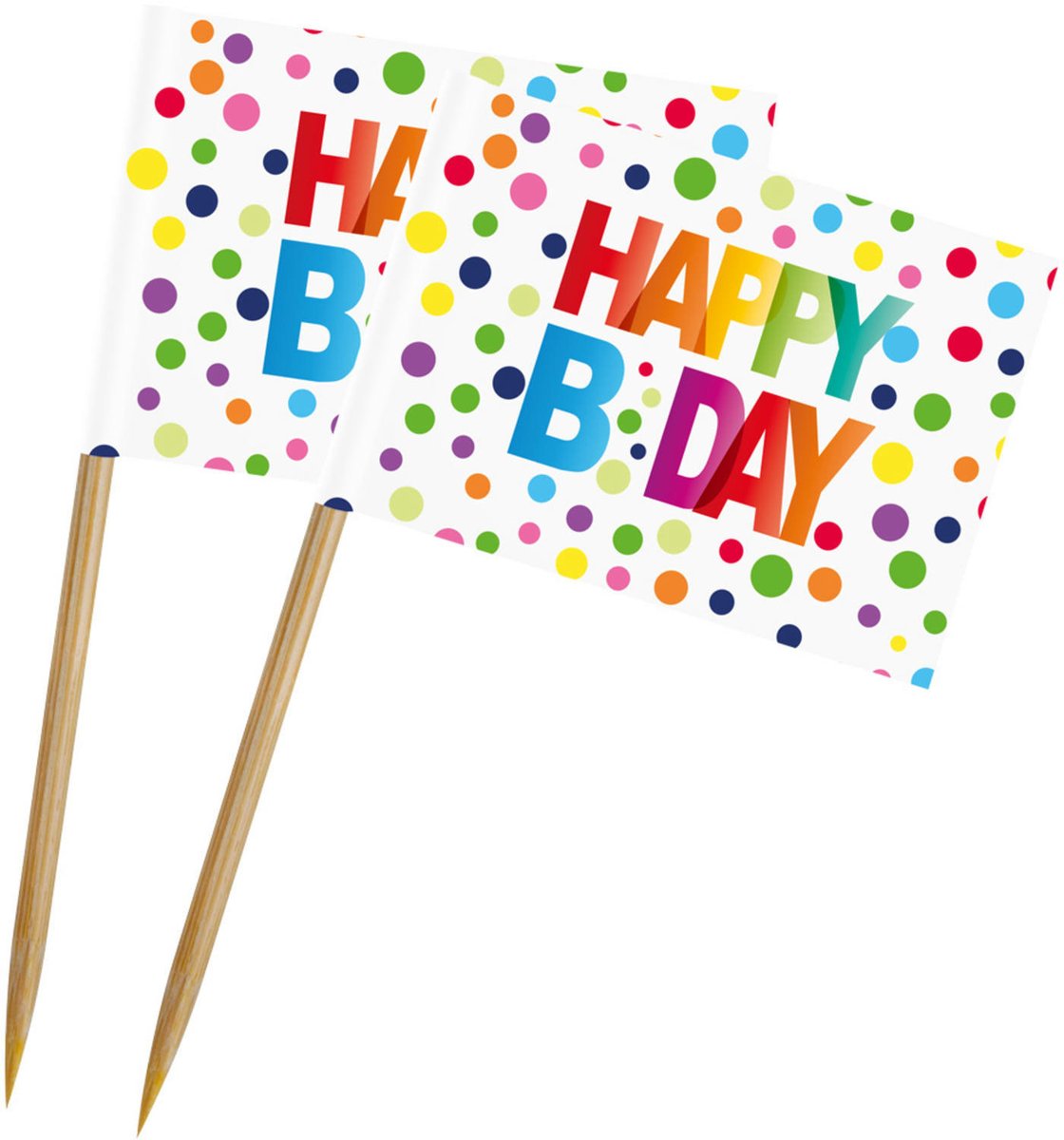 Folat HAPPY B-DAY prikkers - 50x stuks - bamboe - H14 cm - kleurrijke stippen