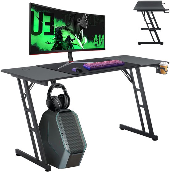 Aufun Zit Sta Bureau - Game Bureau - Incl. Headsethouder, koolstofvezelcoating, bekerhouder - 140 x 60 cm - Zwart
