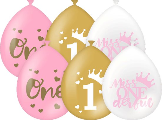 Set de décorations de fête | 6 ballons | 2 lignes de fanions de 10 mètres | thème Premier anniversaire fille | Forfait avantage