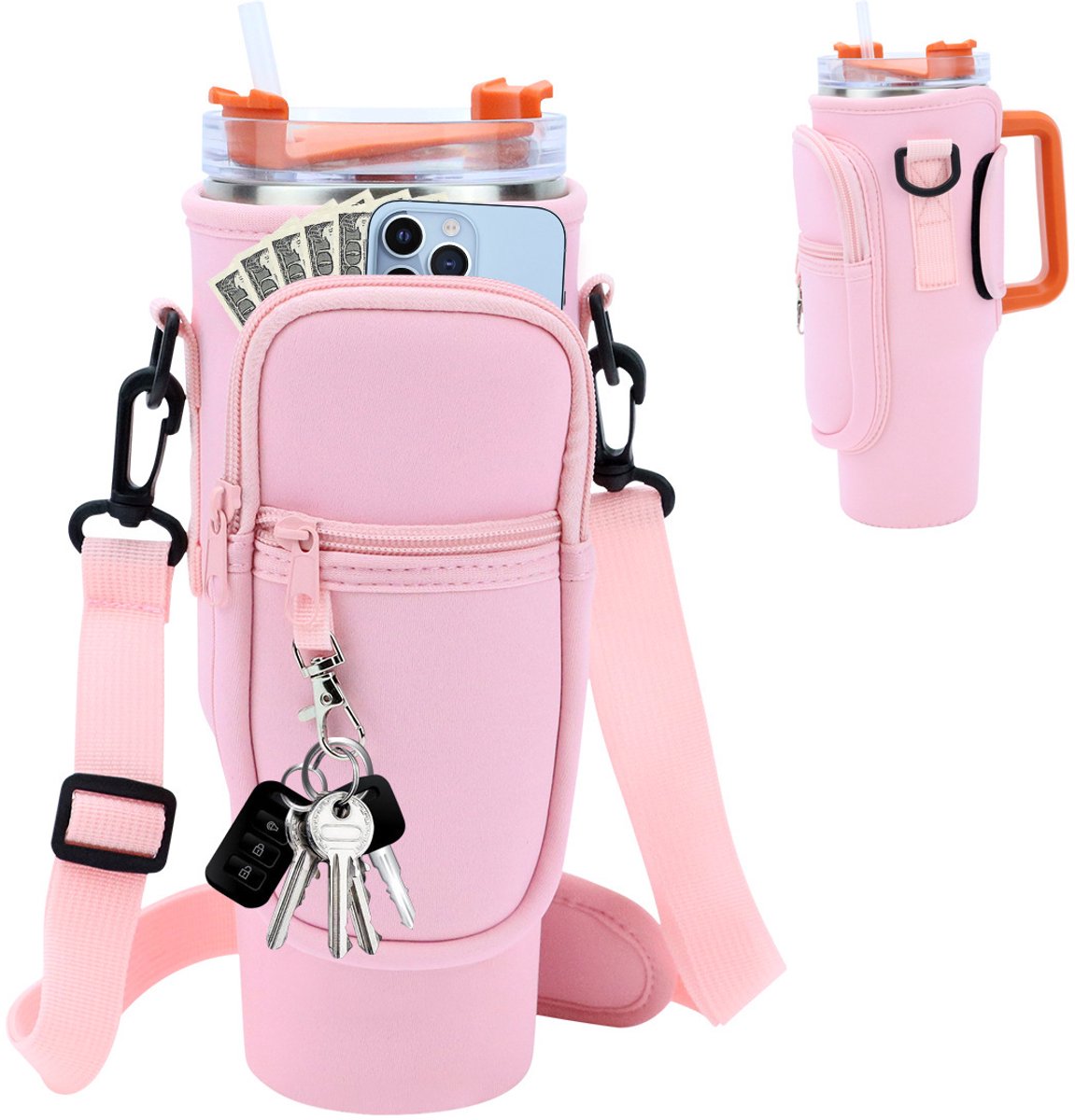 Waterfles Tote Bag met Zak voor Stanley 40 oz Glas, Neopreen Sport Waterfles Houder Tas met Handvat en Verstelbare Schouderband, Glas Accessoire, 25x10cm Buiten Waterfles Houder - Roze-met sleutelhanger