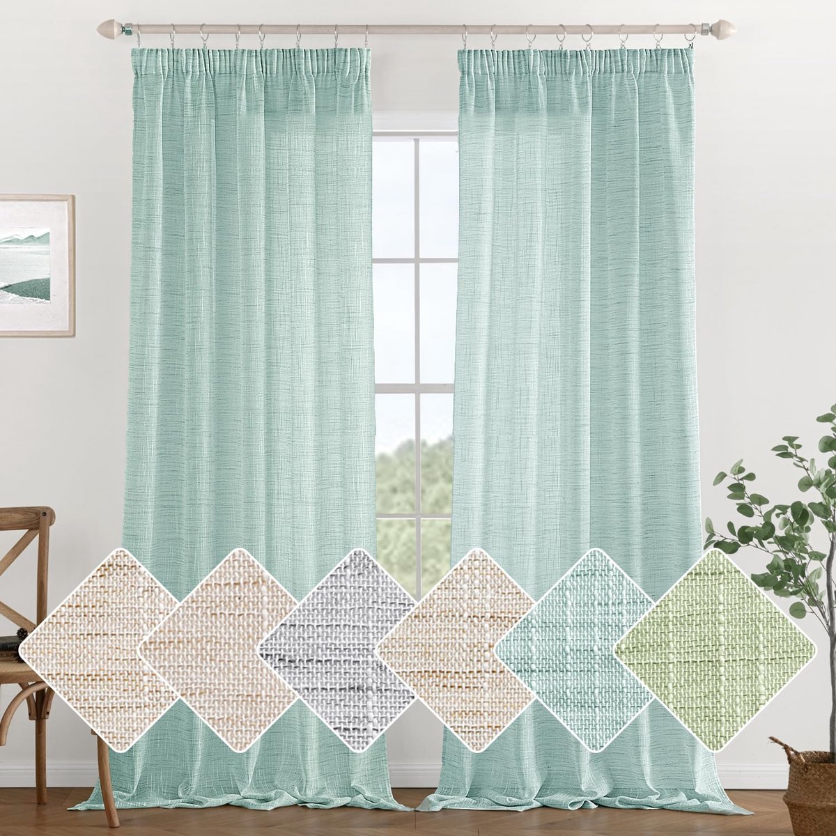 Unyqoos Elegante Linnenlook Gordijnen Met Plooiband Voor Woonkamer En Slaapkamer, Set Van 2, 140 x 245 cm groen