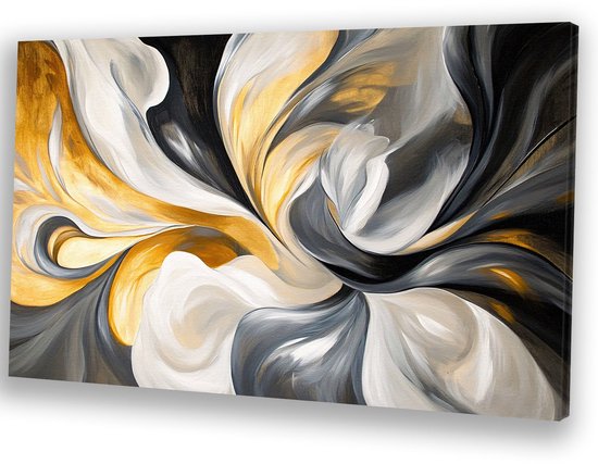 Abstract in goud en grijs - Vormen schilderij op canvas - Kunstwerk golven - Abstract expressionisme - Klassiek schilderijen - Kunst aan de muur - canvas 150x100 cm