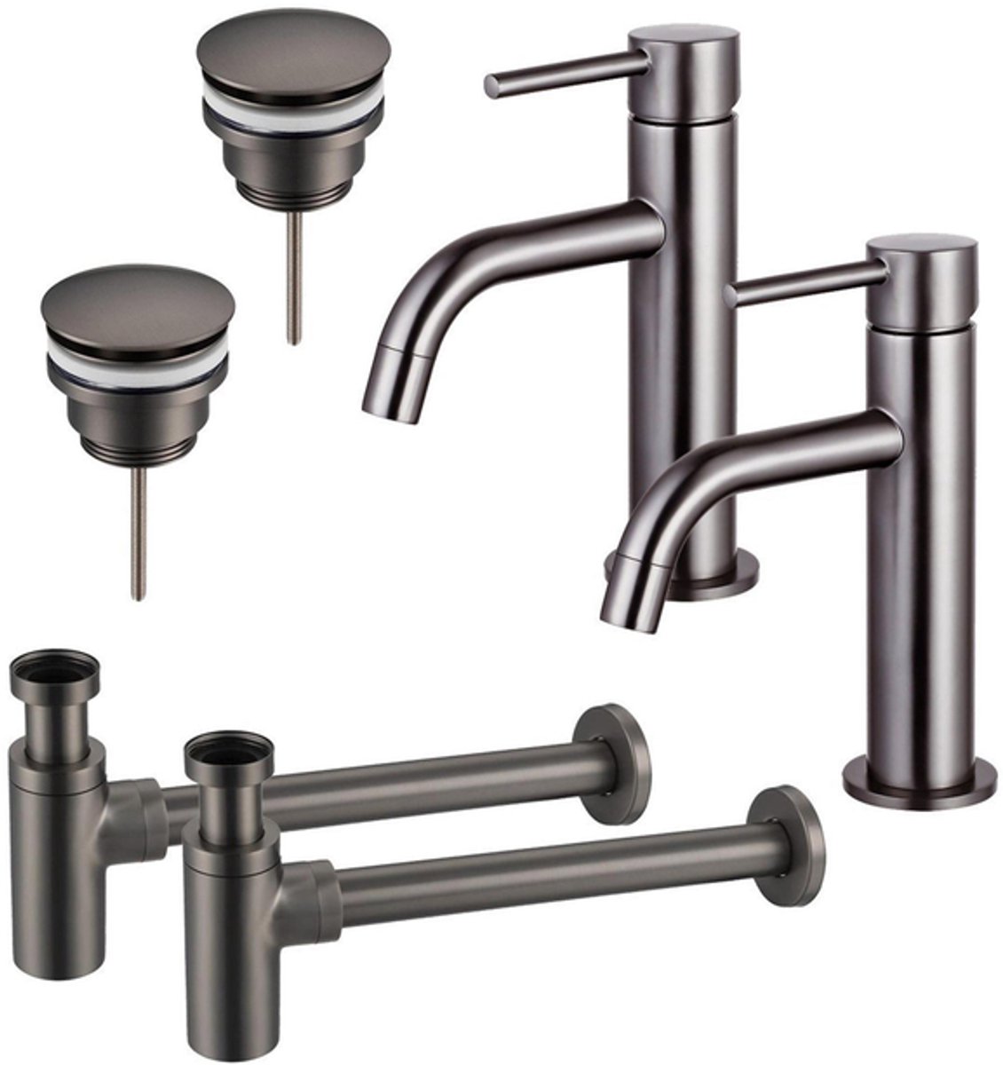 FugaFlow Eccelente Sobrado Badkamer Slim Wastafelkraanset - voor dubbele wastafel - lage wastafelkraan - klikwaste plug - design sifon - PVD Gepolijst Gunmetal
