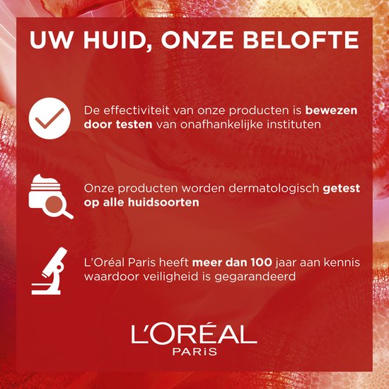 Rode achtergrond met witte tekst: "Uw huid, onze belofte", bewijs door testen, dermatologisch getest, 100 jaar kennis. L'Oréal Paris logo.