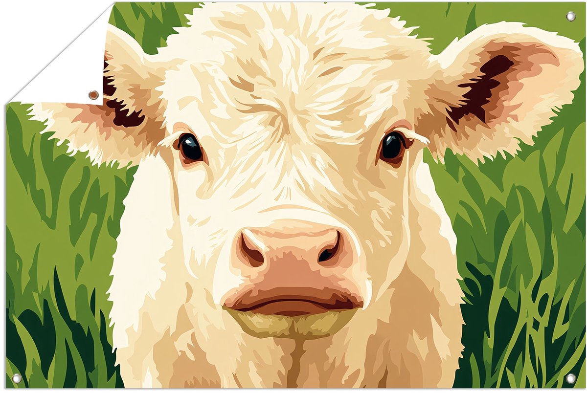 Witte koe in groen gras - Koe poster - Tuinschilderijen dier - Realistische kunst - Buiten